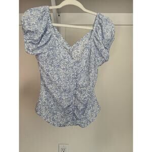 NWOT Sienna Sky Women's‎ Rouched Floral Blouse Size Large Zip Up Blue